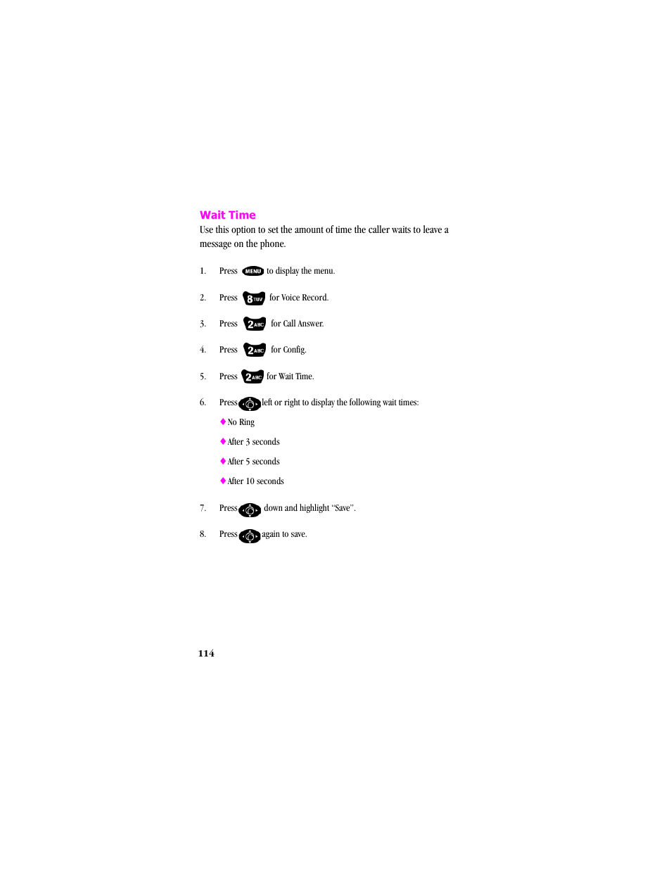 Wait time, Press to display the menu | Samsung SCH-T300 User Manual | Page 116 / 180