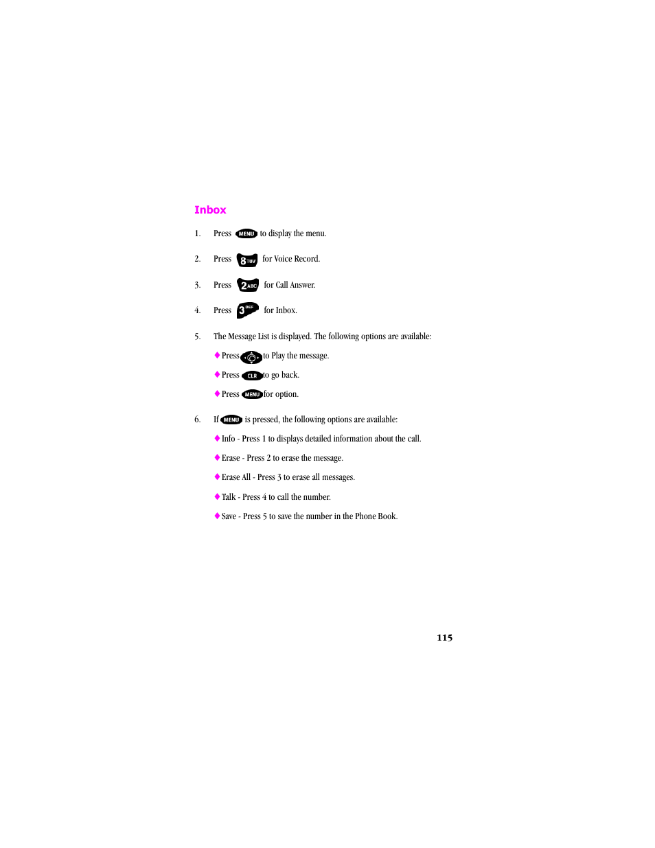 Inbox, Press to display the menu | Samsung SCH-T300 User Manual | Page 117 / 180