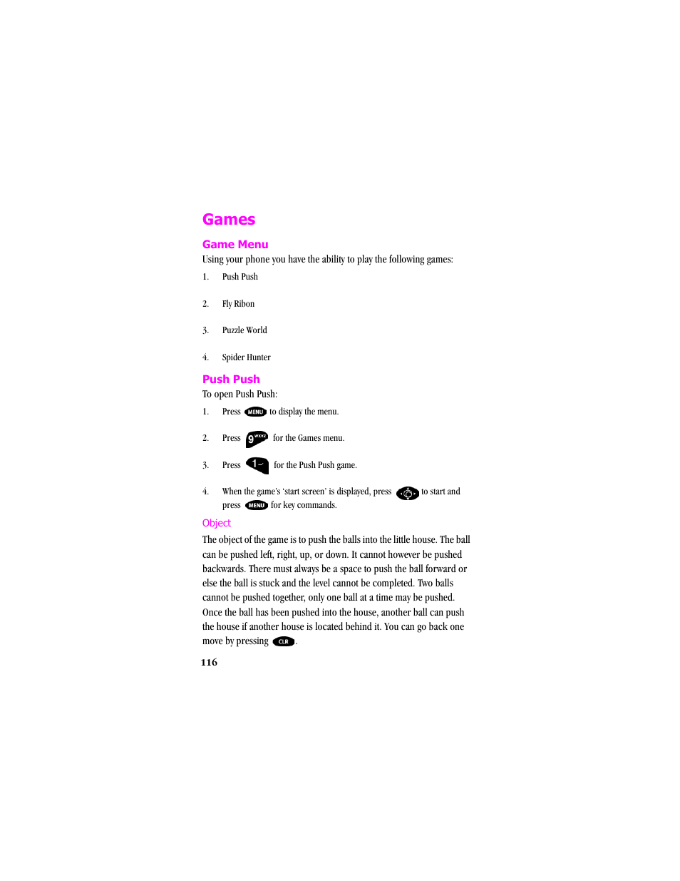 Games, Game menu, Push push | Object | Samsung SCH-T300 User Manual | Page 118 / 180