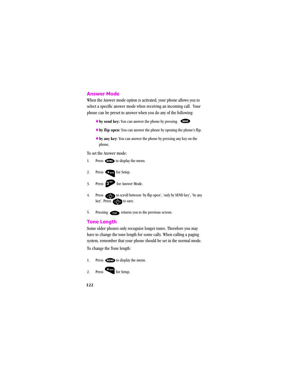 Answer mode, Tone length, Press to display the menu | Samsung SCH-T300 User Manual | Page 124 / 180