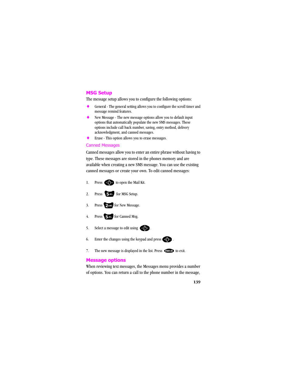Msg setup, Press to open the mail kit, Message options | Canned messages | Samsung SCH-T300 User Manual | Page 141 / 180