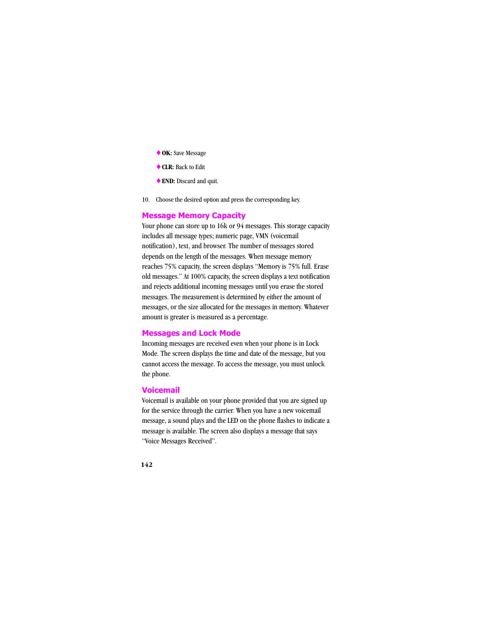 Message memory capacity, Messages and lock mode, Voicemail | Samsung SCH-T300 User Manual | Page 144 / 180