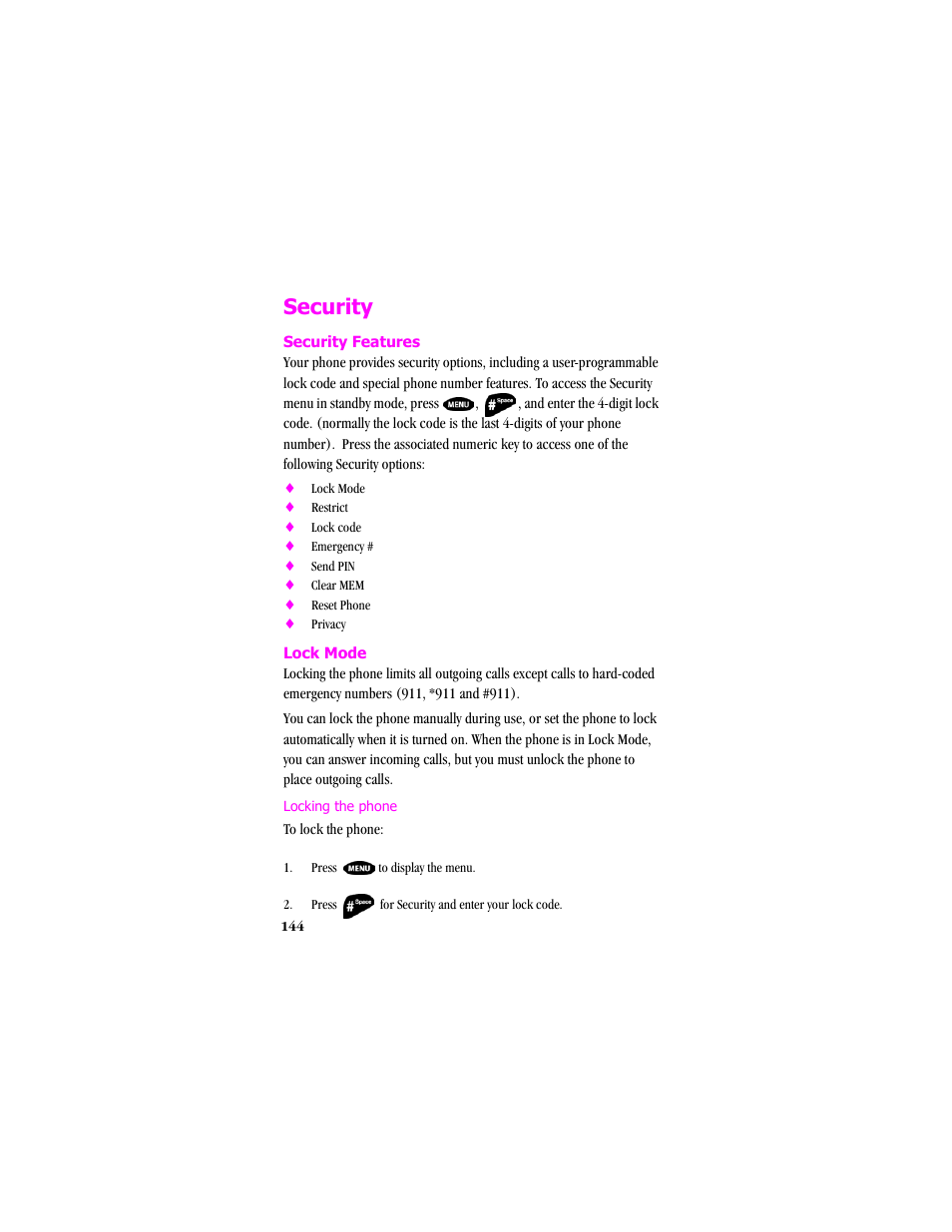 Security, Security features, Lock mode | Press to display the menu, Locking the phone | Samsung SCH-T300 User Manual | Page 146 / 180