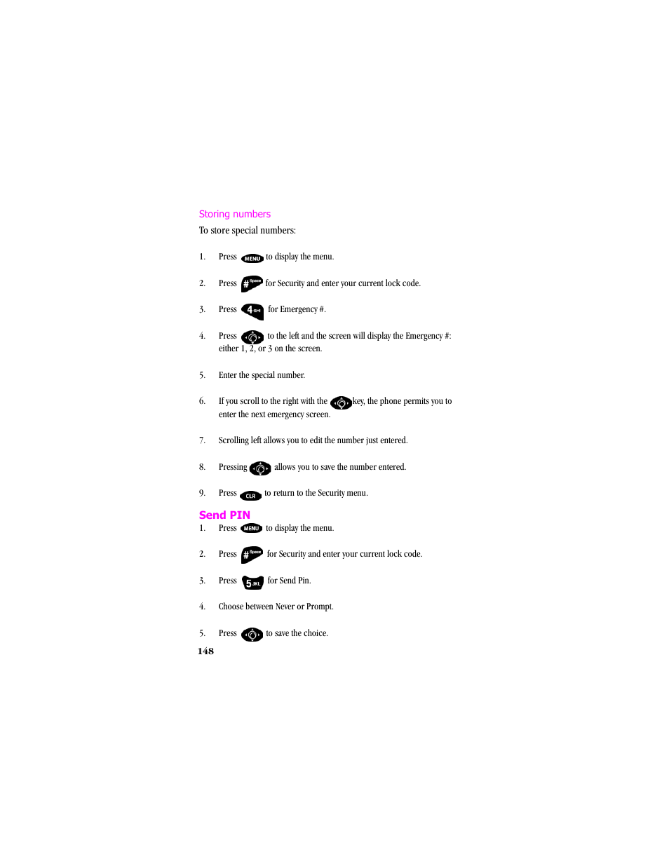 Press to display the menu, Send pin, Storing numbers | Samsung SCH-T300 User Manual | Page 150 / 180