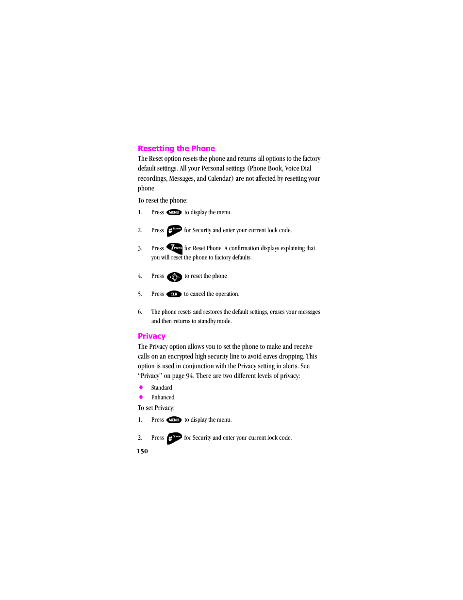 Resetting the phone, Privacy | Samsung SCH-T300 User Manual | Page 152 / 180