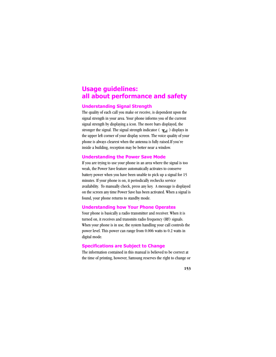 Usage guidelines: all about performance and safety, Understanding signal strength, Understanding the power save mode | Understanding how your phone operates, Specifications are subject to change | Samsung SCH-T300 User Manual | Page 155 / 180