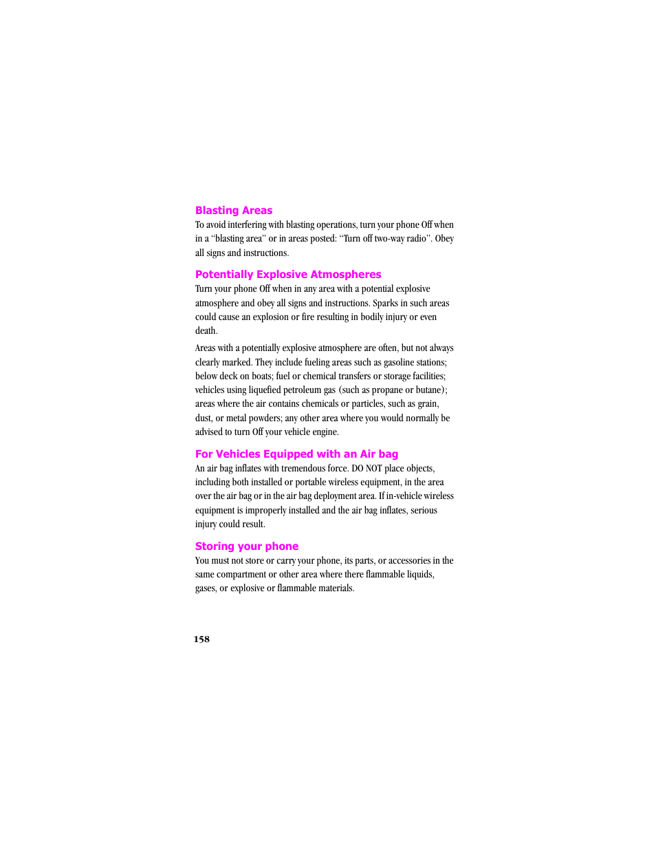 Blasting areas, Potentially explosive atmospheres, For vehicles equipped with an air bag | Storing your phone | Samsung SCH-T300 User Manual | Page 160 / 180