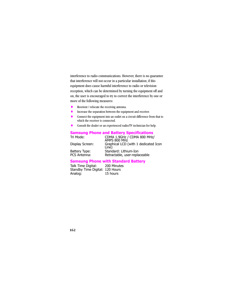 Samsung phone and battery specifications, Samsung phone with standard battery | Samsung SCH-T300 User Manual | Page 164 / 180