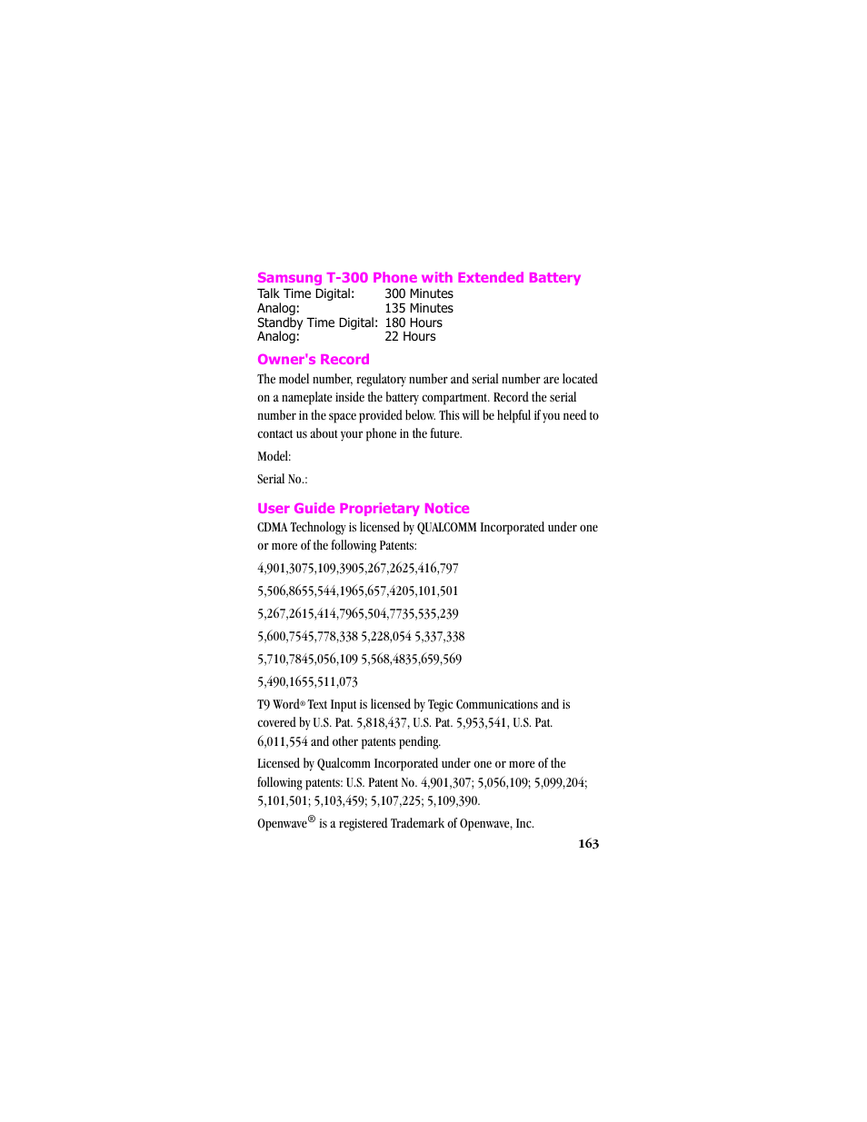 Samsung t-300 phone with extended battery, Owner's record, User guide proprietary notice | Samsung SCH-T300 User Manual | Page 165 / 180