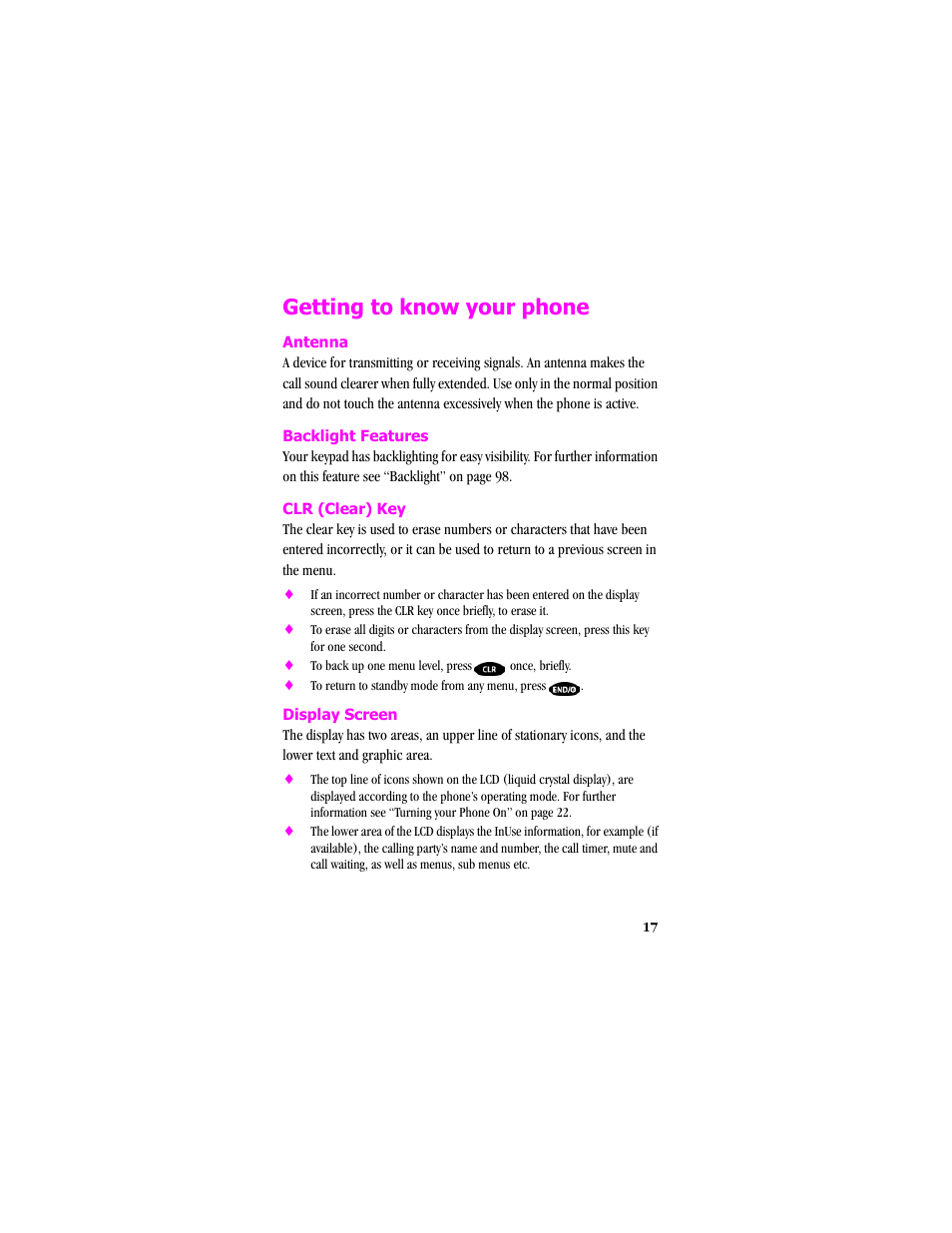 Getting to know your phone, Antenna, Backlight features | Clr (clear) key, Display screen | Samsung SCH-T300 User Manual | Page 19 / 180