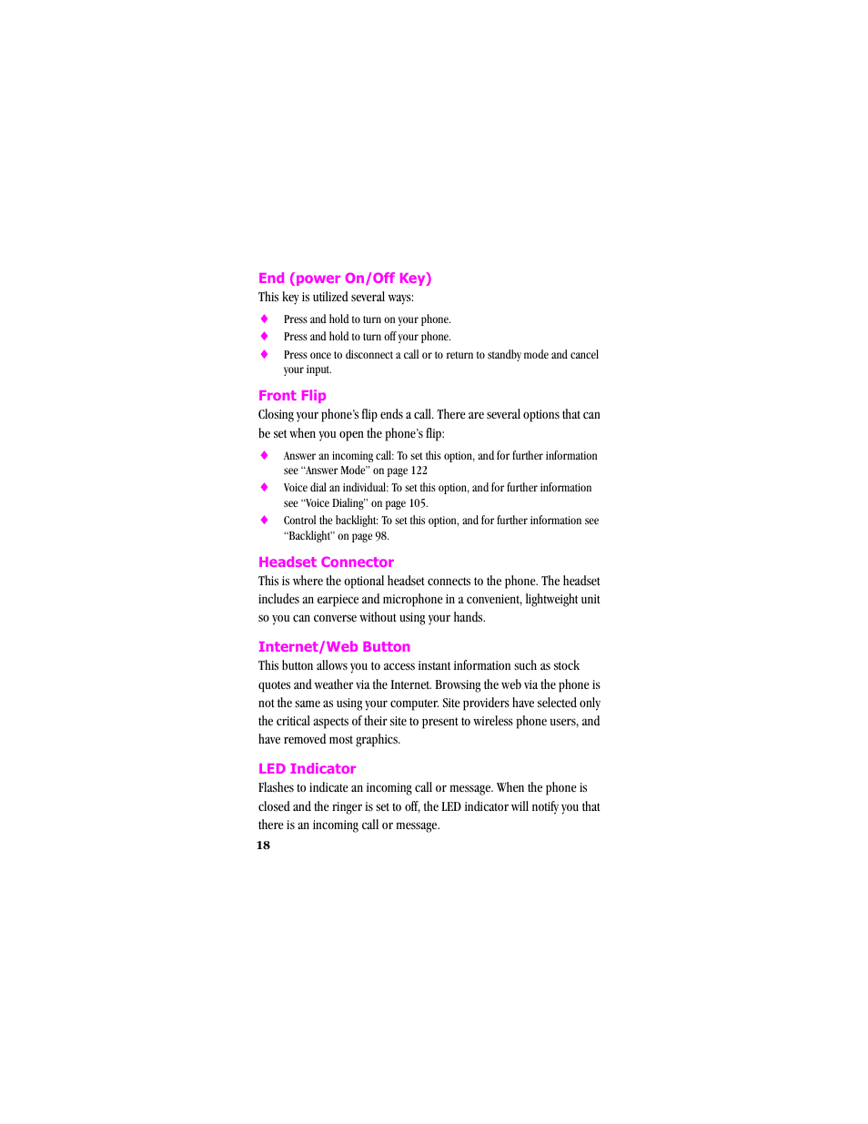 End (power on/off key), Front flip, Headset connector | Internet/web button, Led indicator | Samsung SCH-T300 User Manual | Page 20 / 180