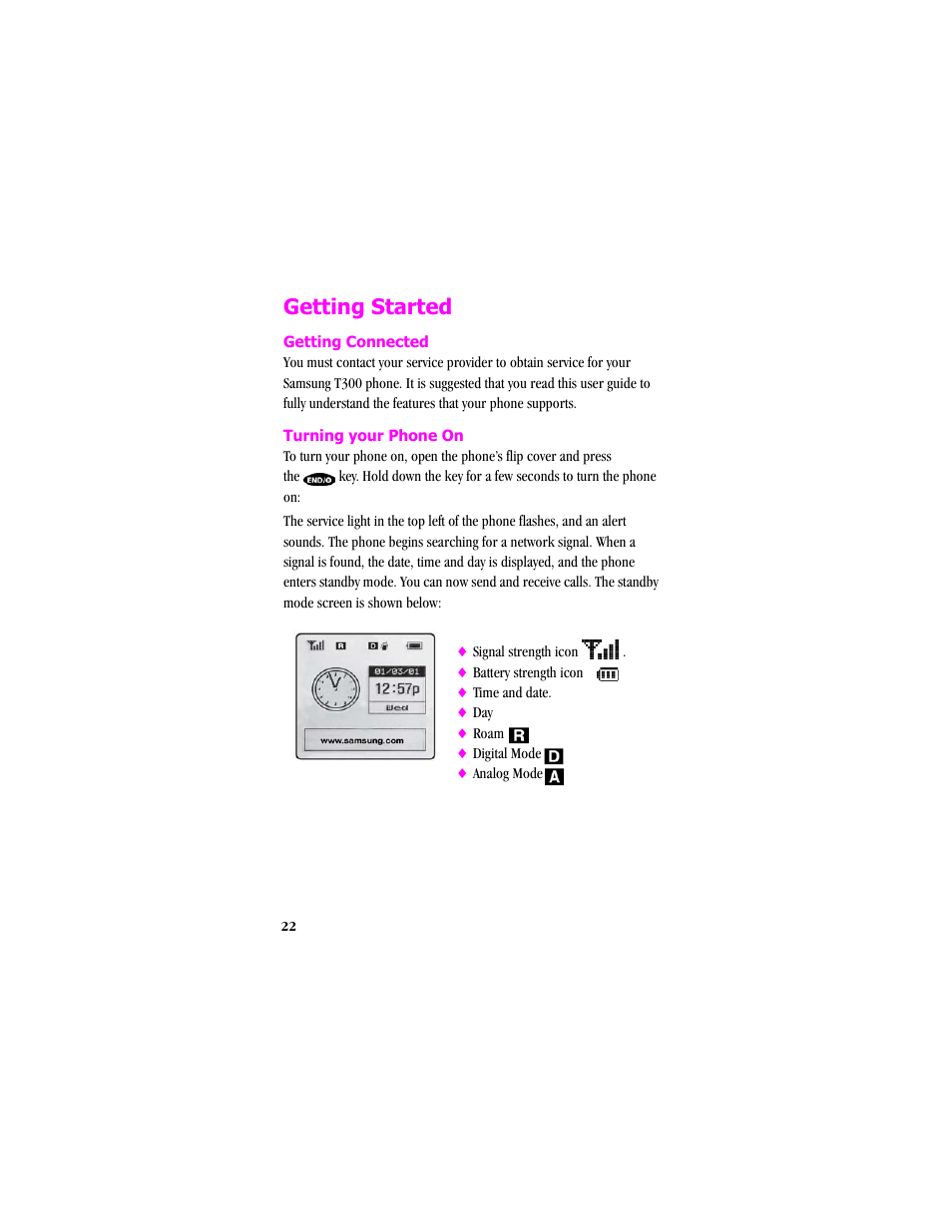 Getting started, Getting connected, Turning your phone on | Samsung SCH-T300 User Manual | Page 24 / 180