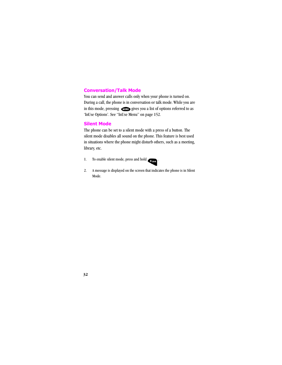 Conversation/talk mode, Silent mode, To enable silent mode, press and hold | Samsung SCH-T300 User Manual | Page 34 / 180