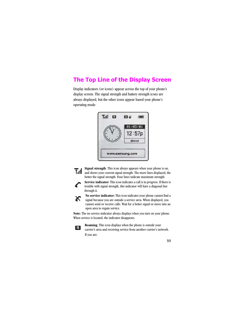 The top line of the display screen | Samsung SCH-T300 User Manual | Page 35 / 180