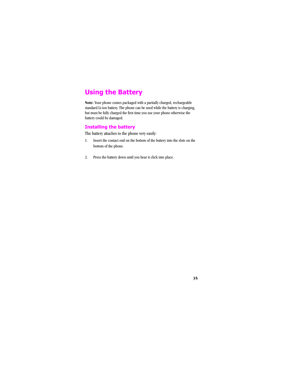 Using the battery, Installing the battery | Samsung SCH-T300 User Manual | Page 37 / 180