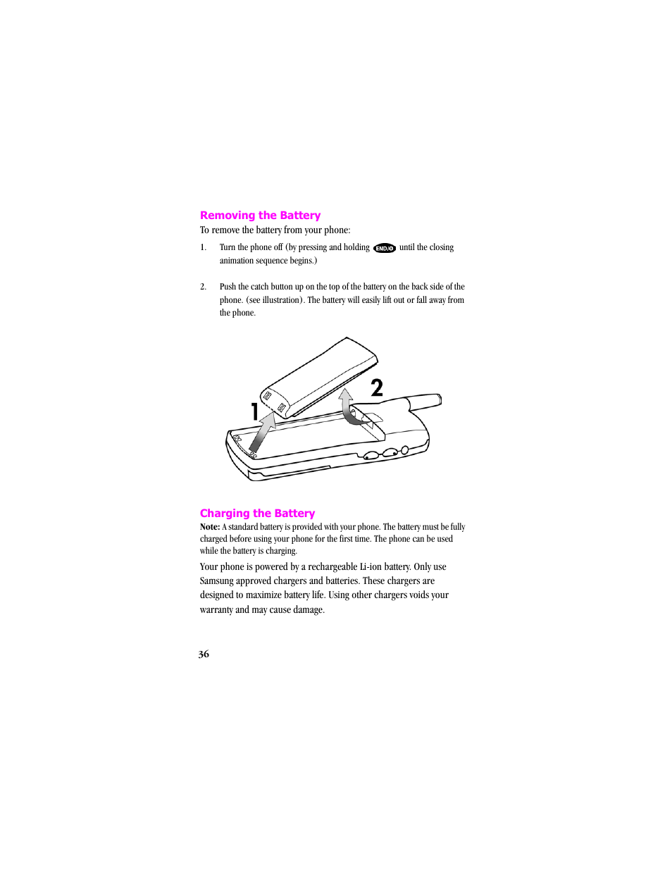 Removing the battery, Charging the battery | Samsung SCH-T300 User Manual | Page 38 / 180