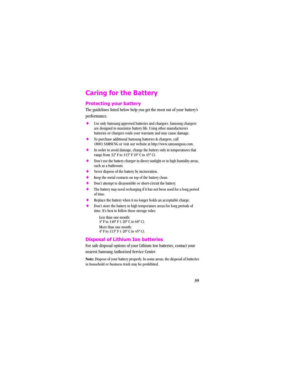 Caring for the battery, Protecting your battery, Disposal of lithium ion batteries | Samsung SCH-T300 User Manual | Page 41 / 180