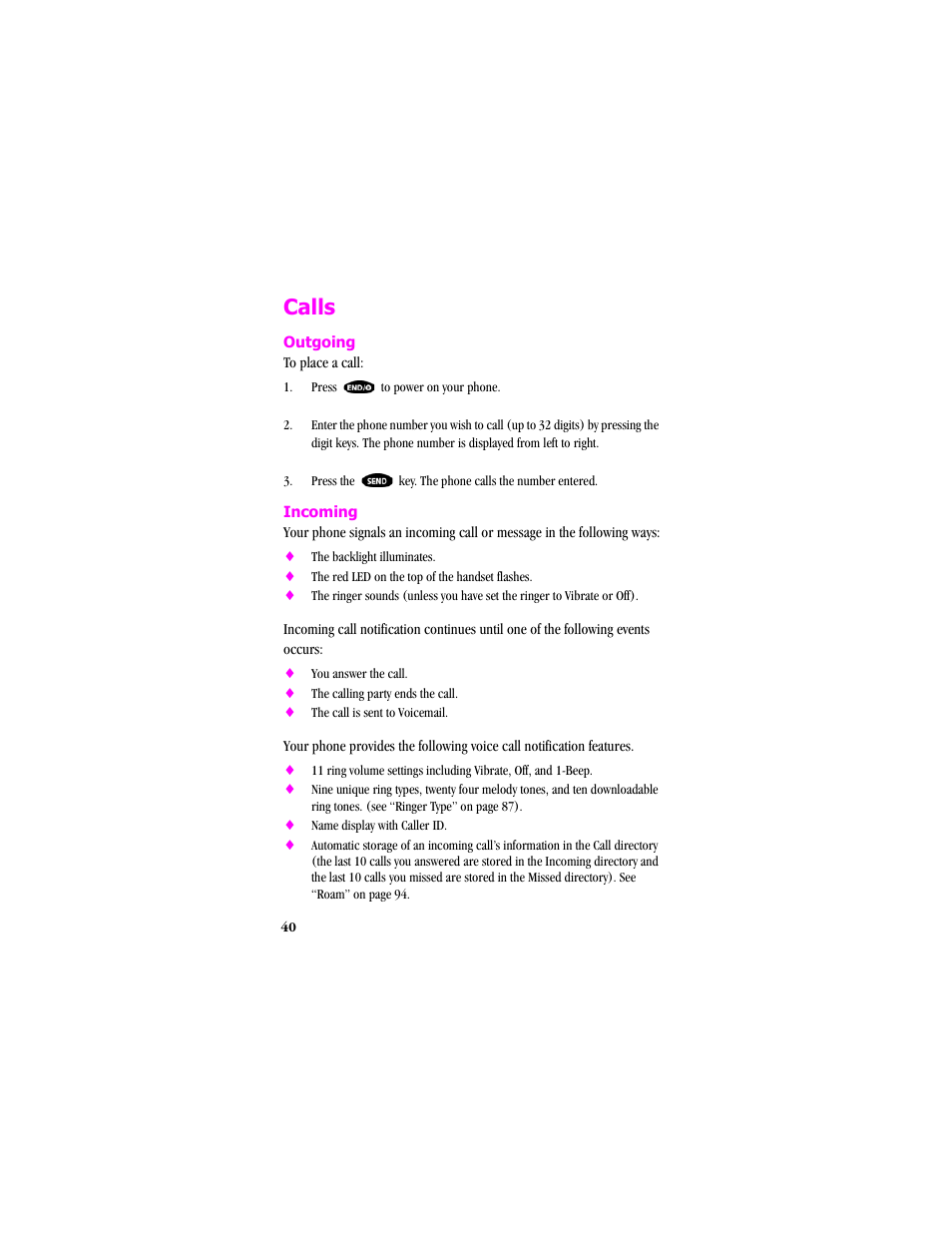 Calls, Outgoing, Incoming | Samsung SCH-T300 User Manual | Page 42 / 180
