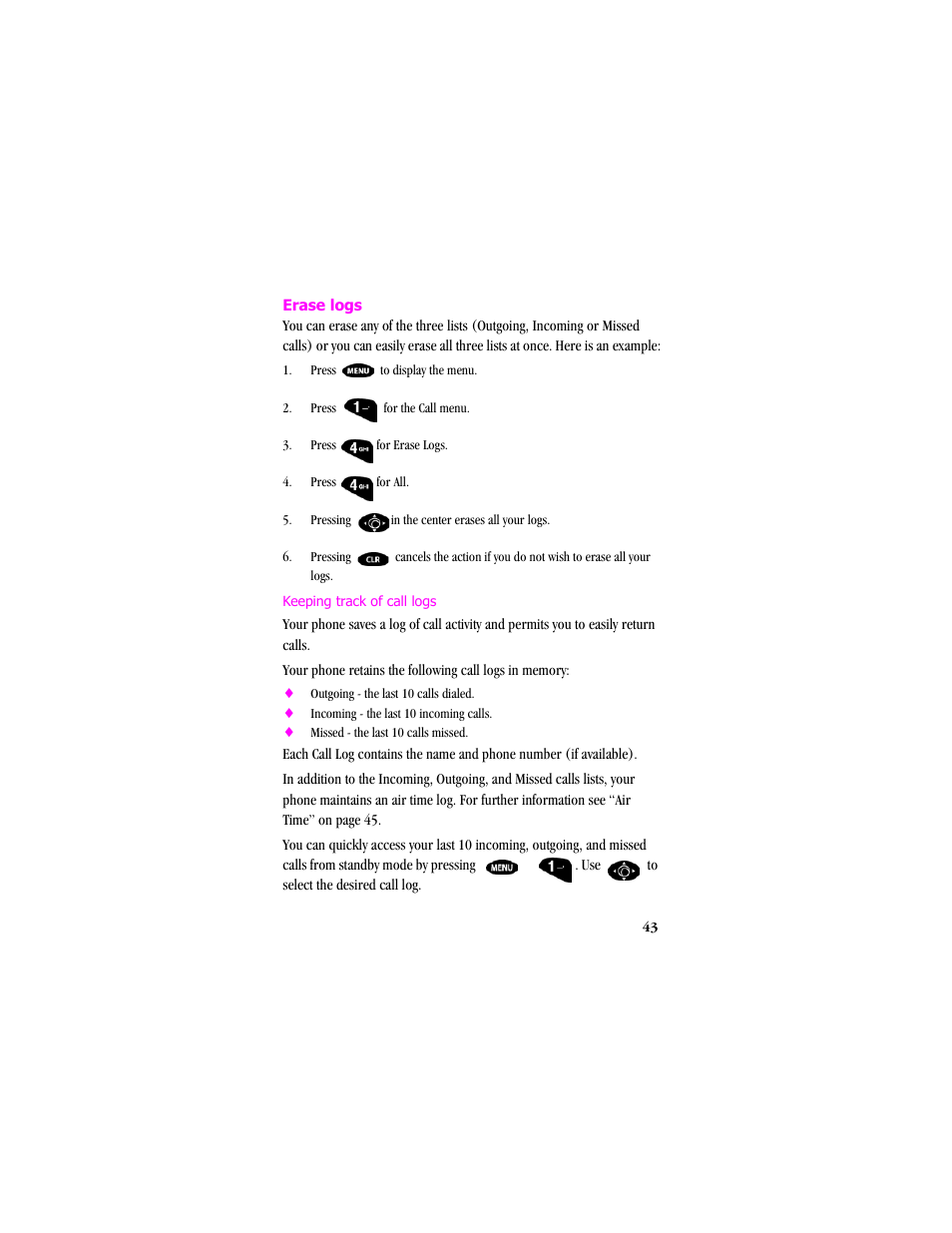 Erase logs, Keeping track of call logs | Samsung SCH-T300 User Manual | Page 45 / 180