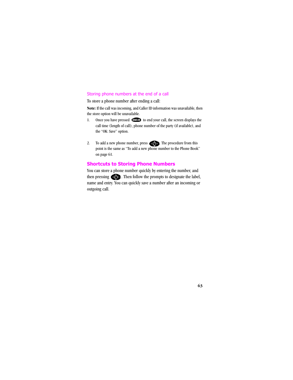 Shortcuts to storing phone numbers, Storing phone numbers at the end of a call | Samsung SCH-T300 User Manual | Page 65 / 180