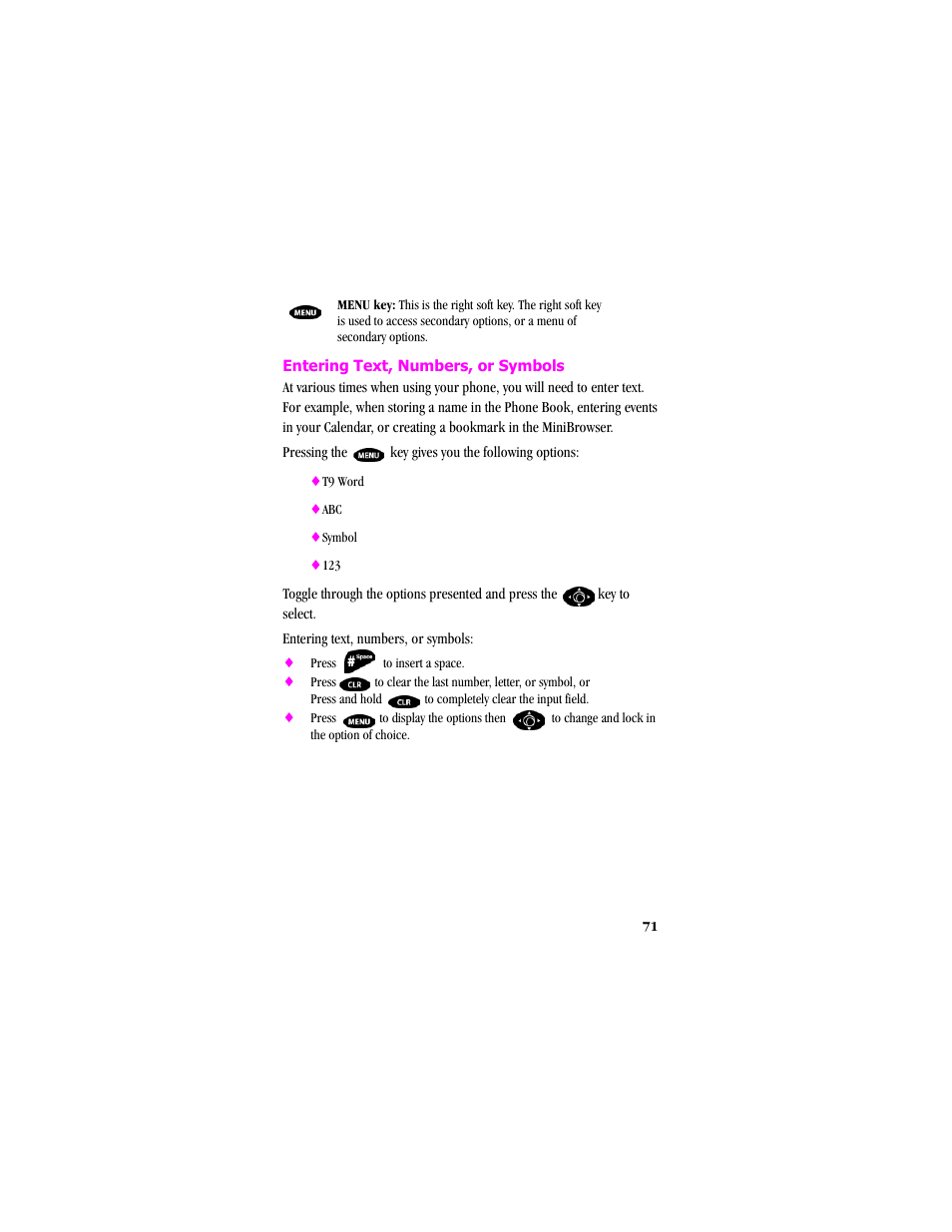 Entering text, numbers, or symbols | Samsung SCH-T300 User Manual | Page 73 / 180