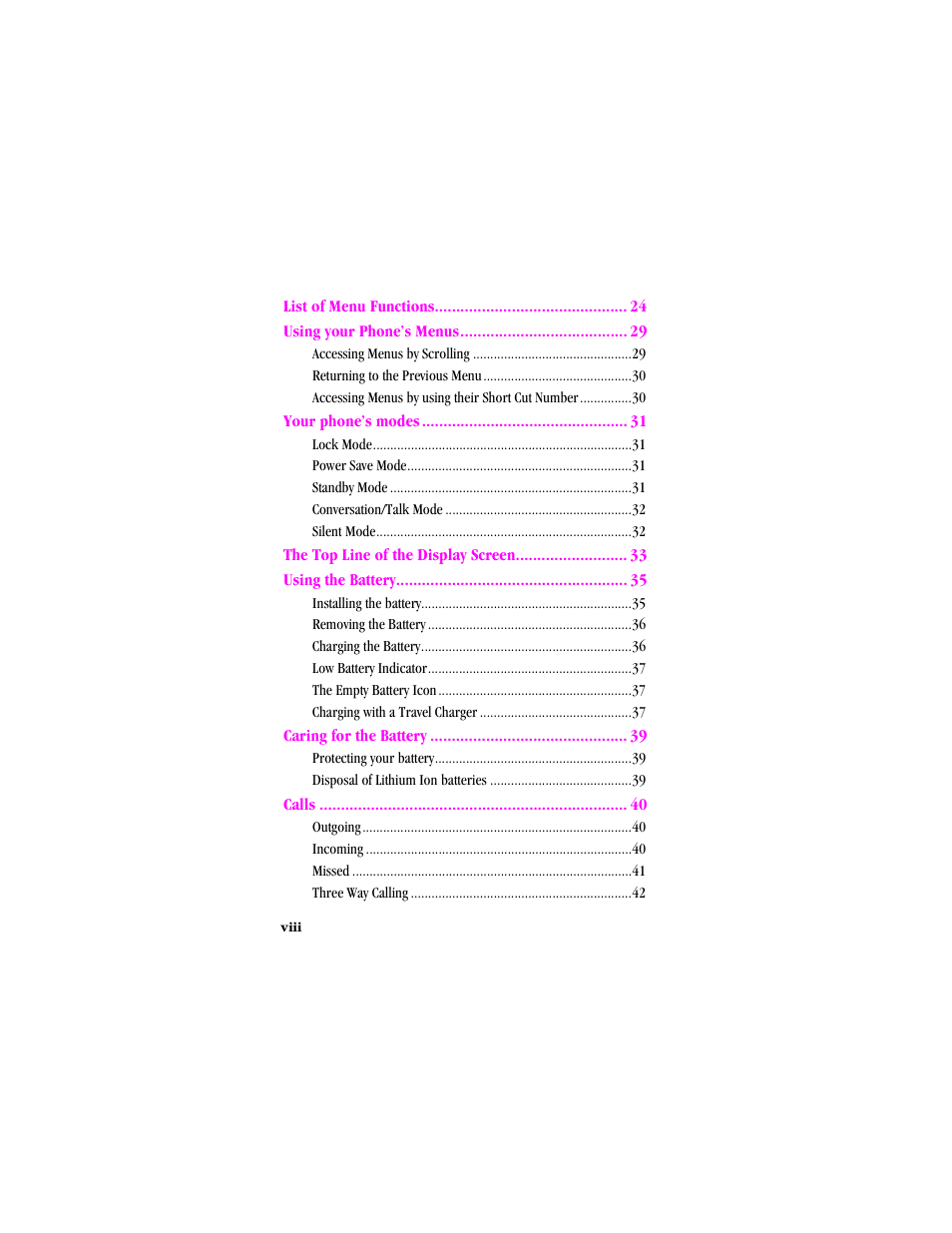 List of menu functions using your phone’s menus, Your phone’s modes, Caring for the battery | Calls | Samsung SCH-T300 User Manual | Page 8 / 180