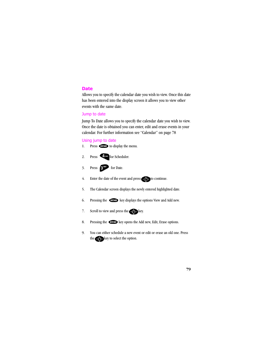 Date, Jump to date using jump to date | Samsung SCH-T300 User Manual | Page 81 / 180
