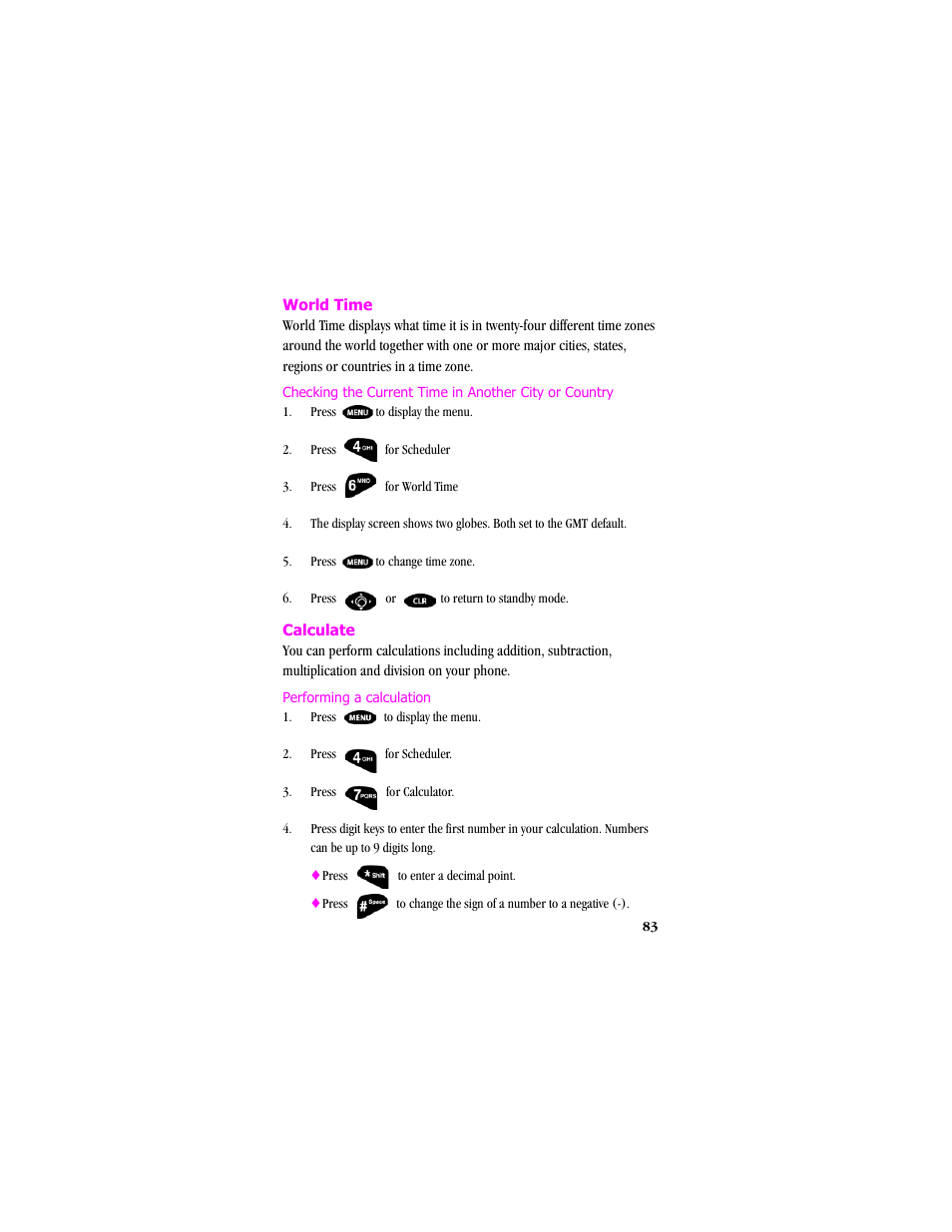 World time, Calculate, Performing a calculation | Samsung SCH-T300 User Manual | Page 85 / 180