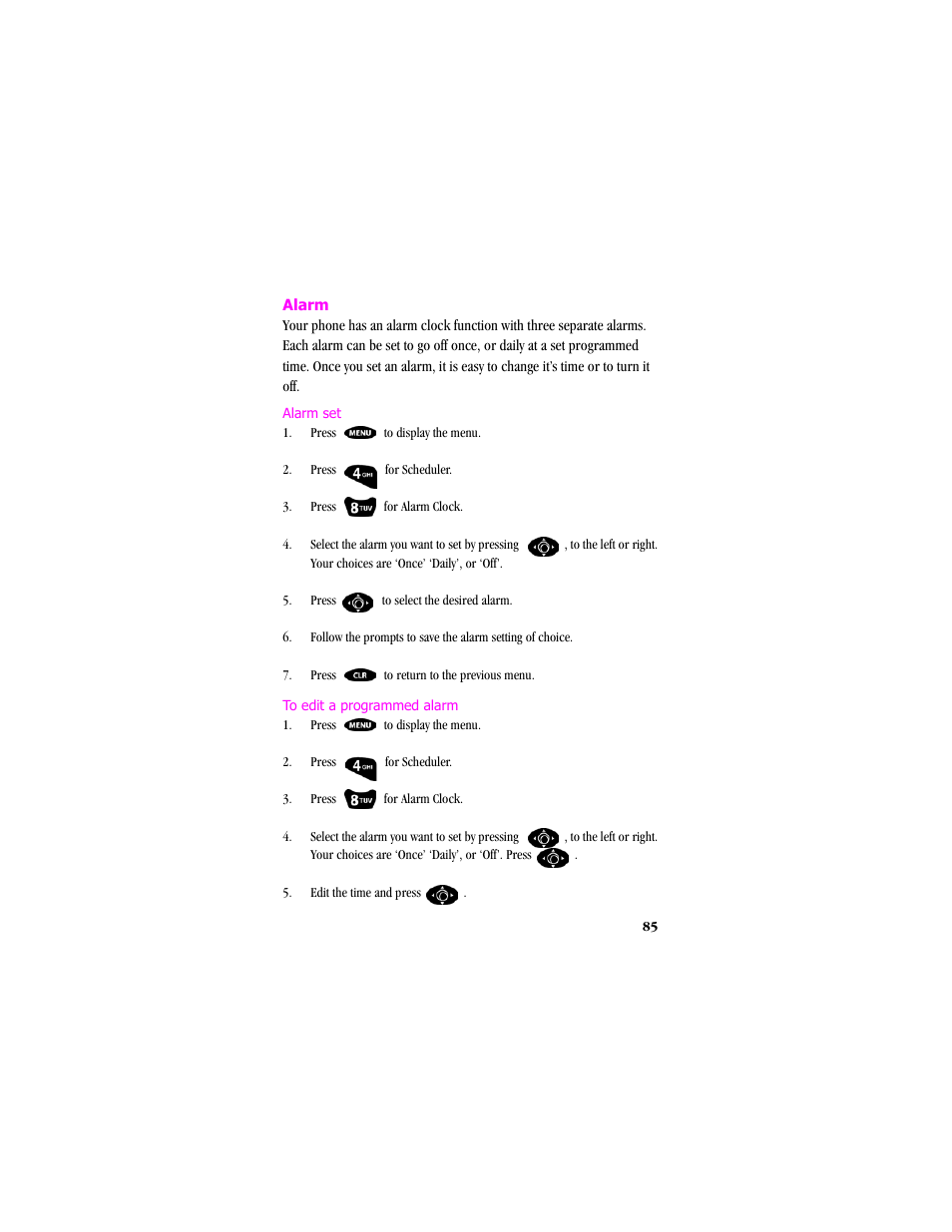 Alarm, Alarm set to edit a programmed alarm | Samsung SCH-T300 User Manual | Page 87 / 180