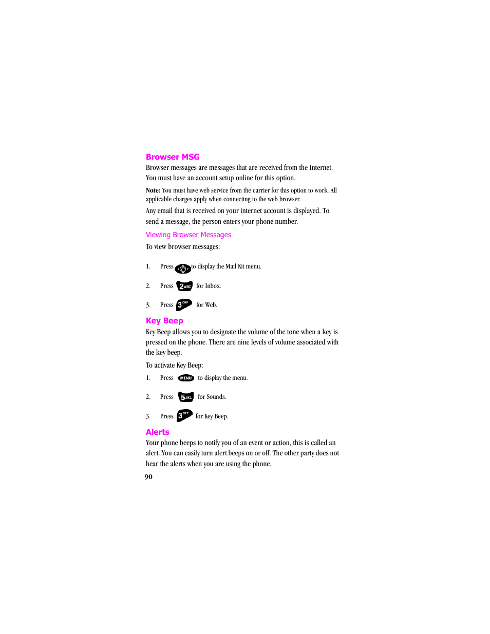 Browser msg, Pressto display the mail kit menu, Key beep | Alerts, Viewing browser messages | Samsung SCH-T300 User Manual | Page 92 / 180