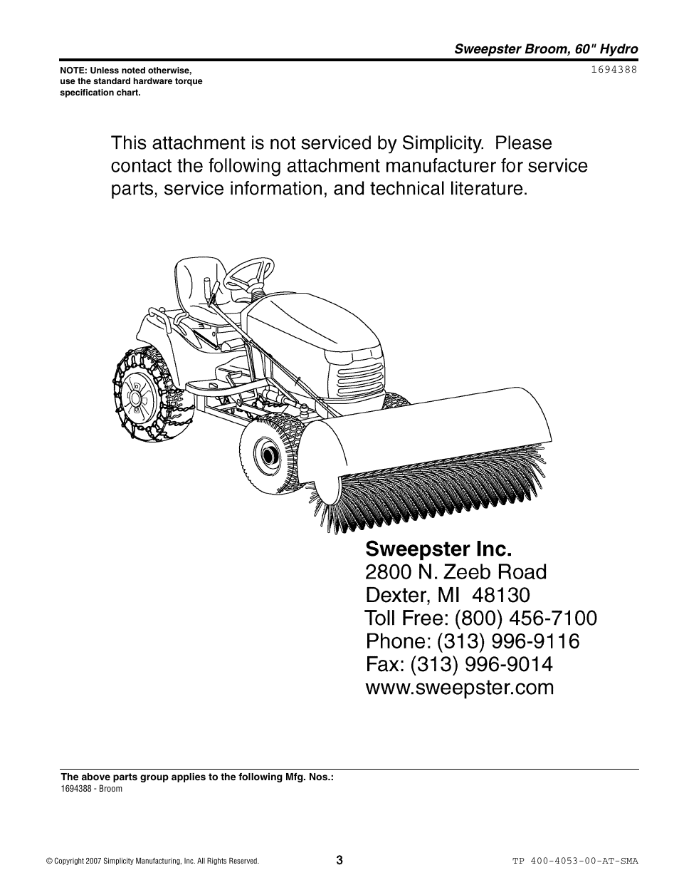 Sweepster broom, 60" hydro | Snapper 4053 User Manual | Page 3 / 4