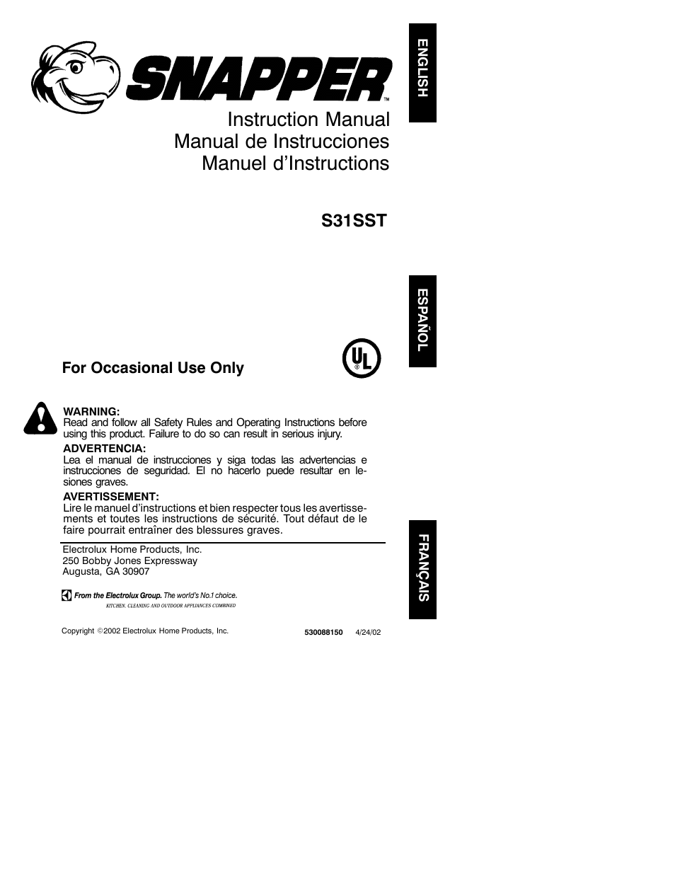 Snapper s31sst User Manual | 11 pages