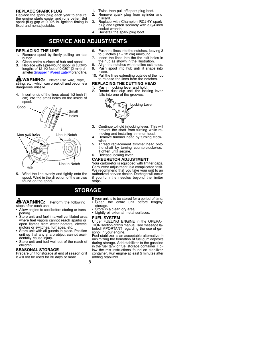 Service and adjustments, Storage | Snapper s31sst User Manual | Page 8 / 11