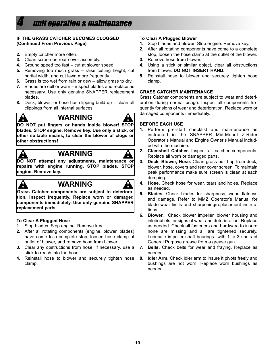 Unit operation & maintenance, Warning | Snapper Z-VAC 7600004 User Manual | Page 10 / 24