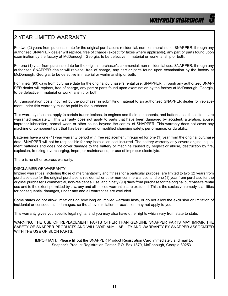 Warranty statement | Snapper Z-VAC 7600004 User Manual | Page 11 / 24