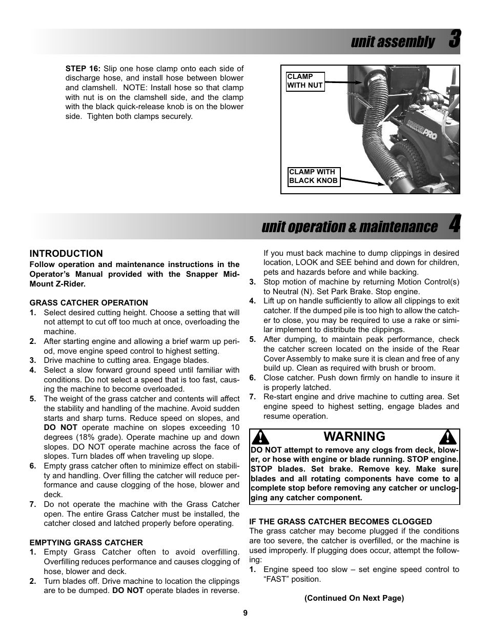 Unit assembly, Unit operation & maintenance, Warning | Snapper Z-VAC 7600004 User Manual | Page 9 / 24