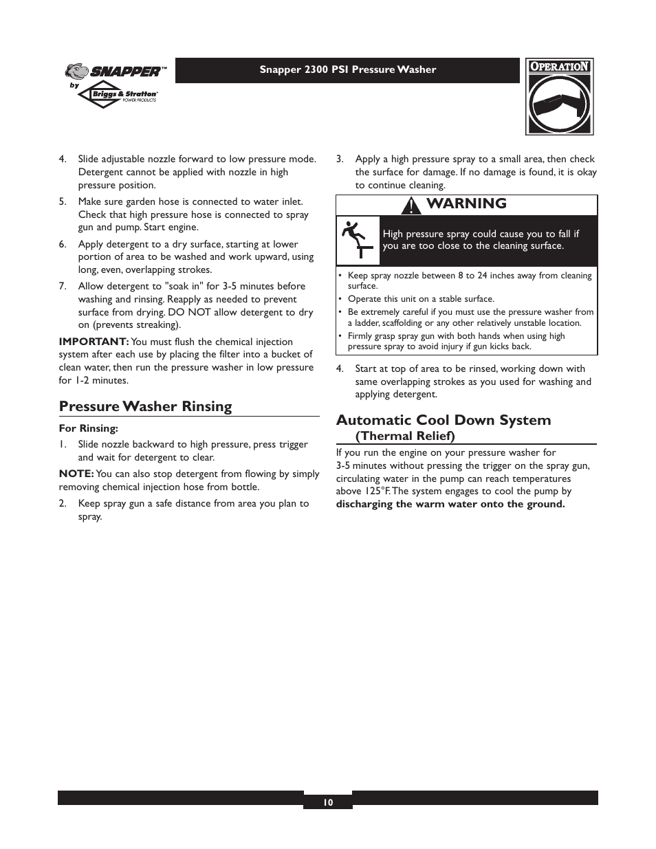 Pressure washer rinsing, Automatic cool down system, Warning | Snapper 1807-1 User Manual | Page 10 / 20