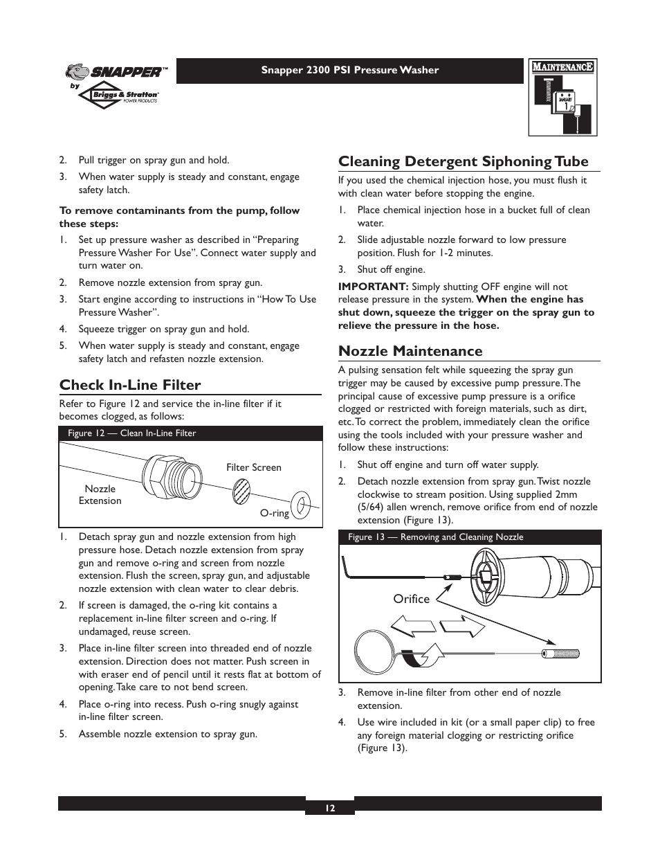 Check in-line filter, Cleaning detergent siphoning tube, Nozzle maintenance | Snapper 1807-1 User Manual | Page 12 / 20