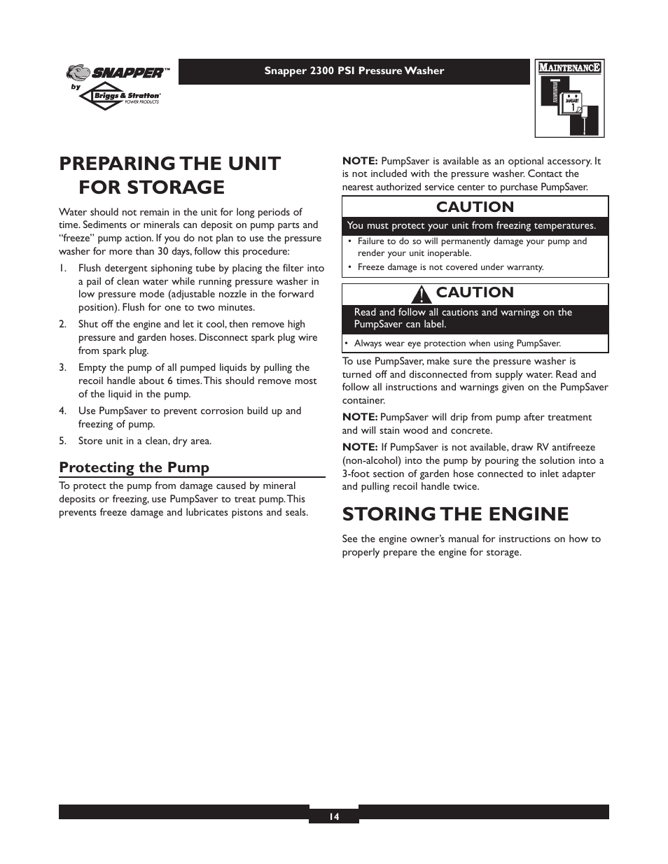 Preparing the unit for storage, Storing the engine, Protecting the pump | Caution | Snapper 1807-1 User Manual | Page 14 / 20