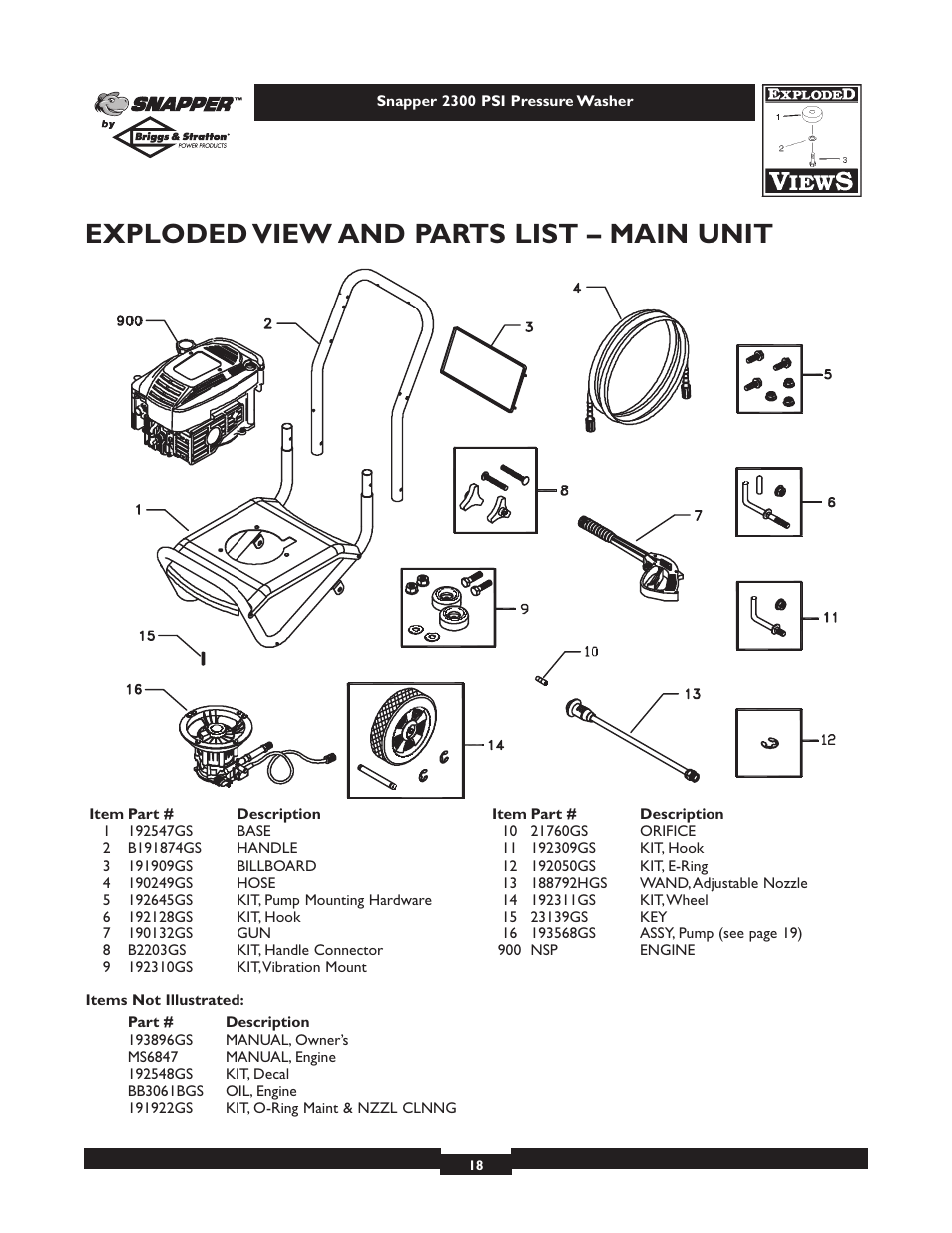 Exploded view and parts list – main unit | Snapper 1807-1 User Manual | Page 18 / 20