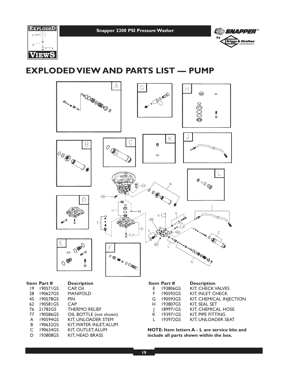 Exploded view and parts list — pump | Snapper 1807-1 User Manual | Page 19 / 20