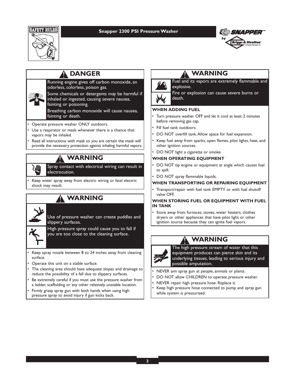 Warning, Danger | Snapper 1807-1 User Manual | Page 3 / 20