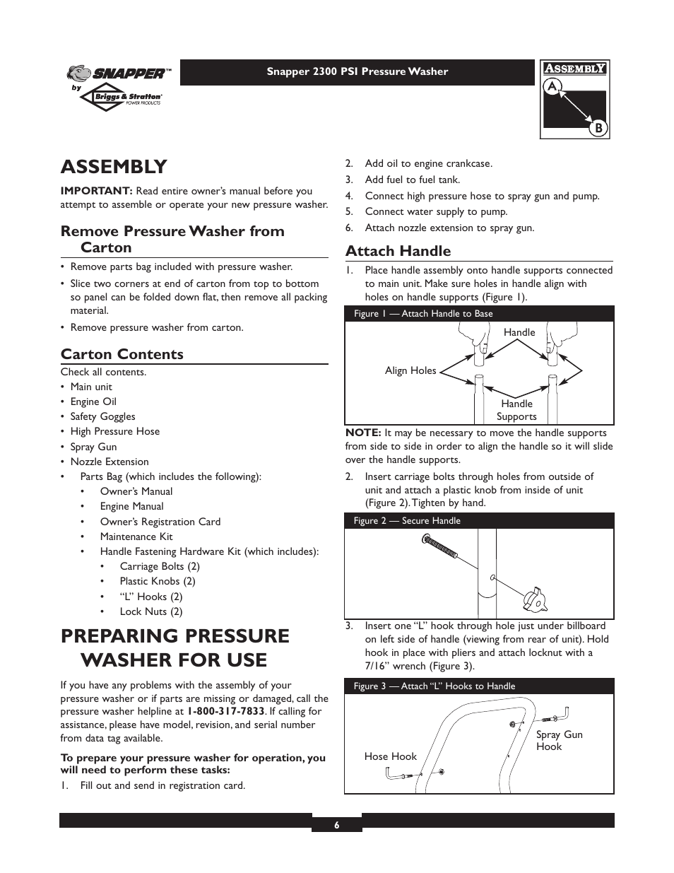 Assembly, Preparing pressure washer for use, Remove pressure washer from carton | Carton contents, Attach handle | Snapper 1807-1 User Manual | Page 6 / 20