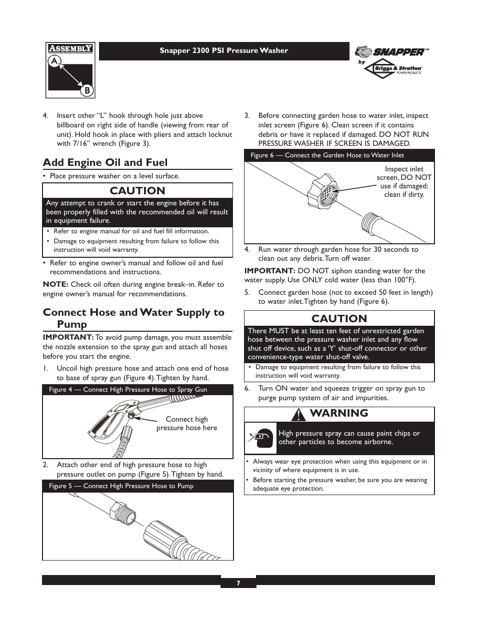 Add engine oil and fuel, Connect hose and water supply to pump, Caution | Warning | Snapper 1807-1 User Manual | Page 7 / 20