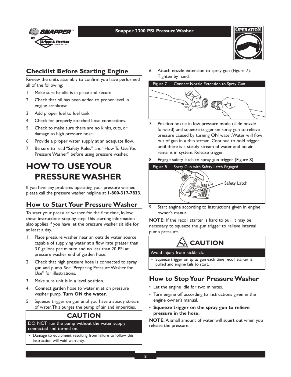 How to use your pressure washer, Checklist before starting engine, How to start your pressure washer | How to stop your pressure washer, Caution | Snapper 1807-1 User Manual | Page 8 / 20
