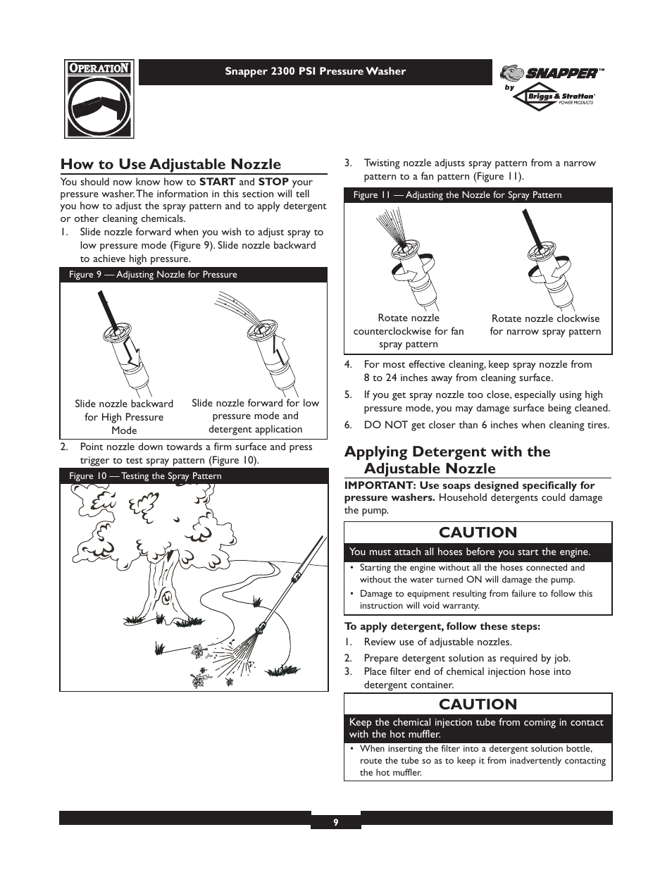 How to use adjustable nozzle, Applying detergent with the adjustable nozzle, Caution | Snapper 1807-1 User Manual | Page 9 / 20