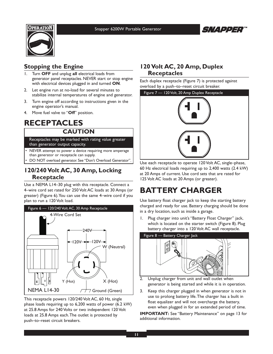 Receptacles, Battery charger, Stopping the engine | Caution | Snapper 30216 User Manual | Page 11 / 32