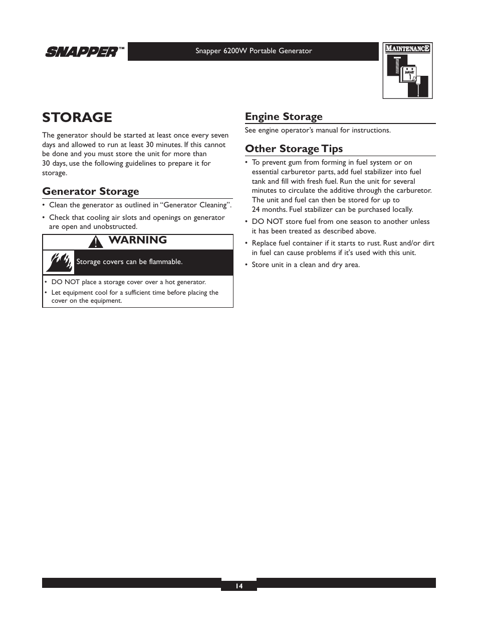 Storage, Generator storage, Engine storage | Other storage tips, Warning | Snapper 30216 User Manual | Page 14 / 32