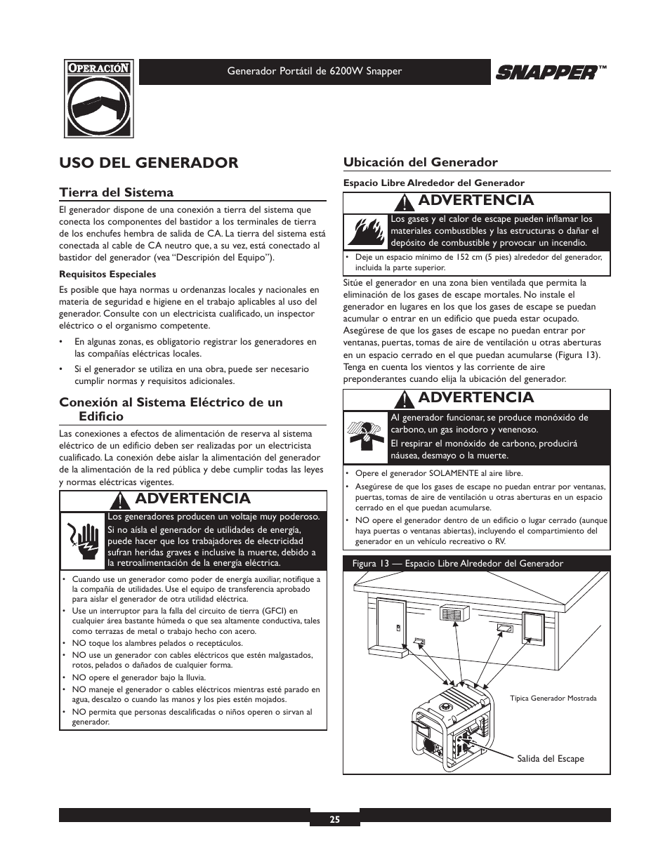 Uso del generador, Advertencia, Tierra del sistema | Conexión al sistema eléctrico de un edificio, Ubicación del generador | Snapper 30216 User Manual | Page 25 / 32