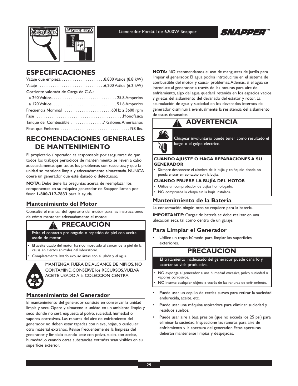 Especificaciones, Recomendaciones generales de mantenimiento, Precaución | Advertencia | Snapper 30216 User Manual | Page 29 / 32